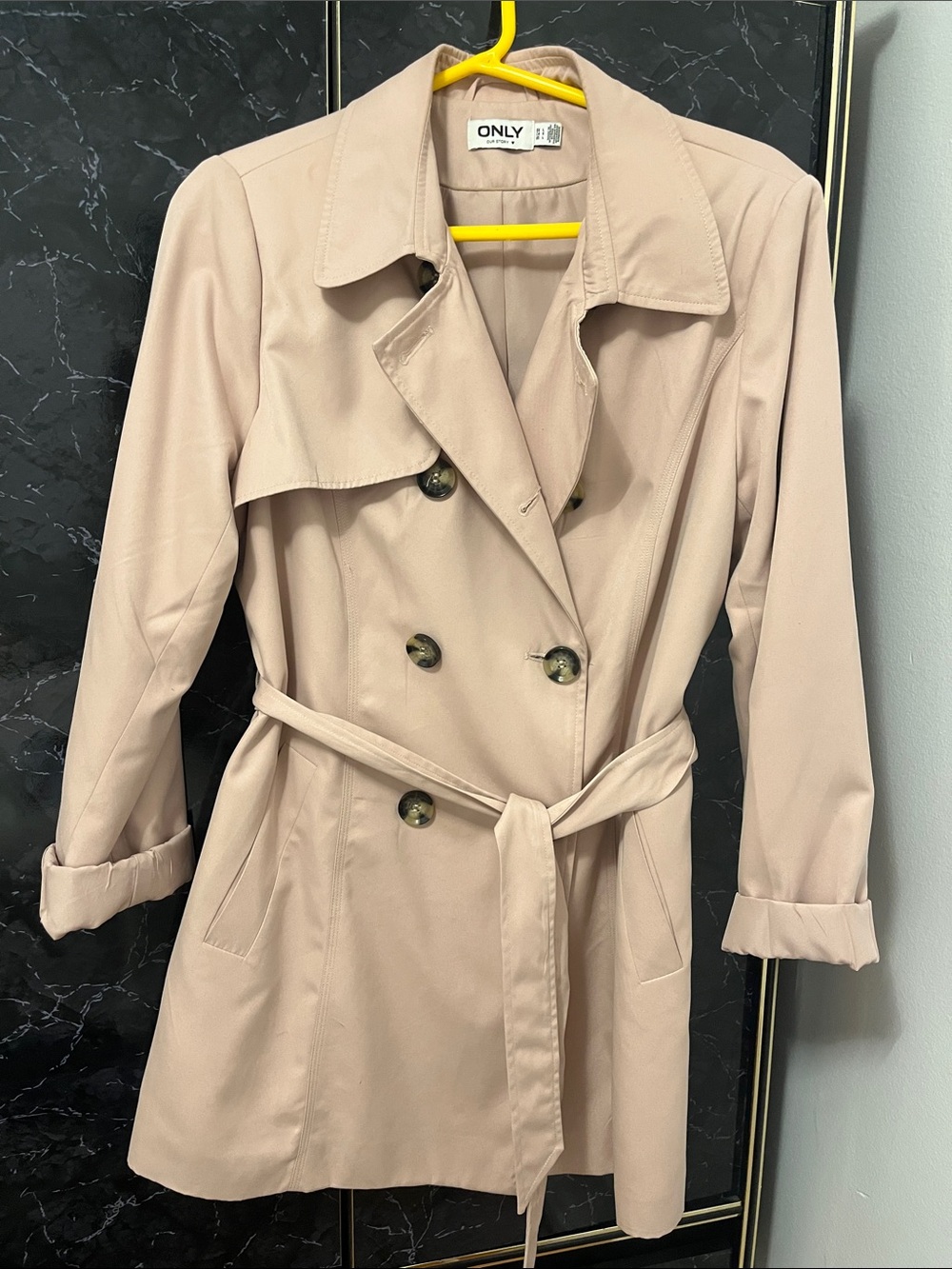 ONLY Light Beige Double-Breasted Trench Coat with Waist Tie